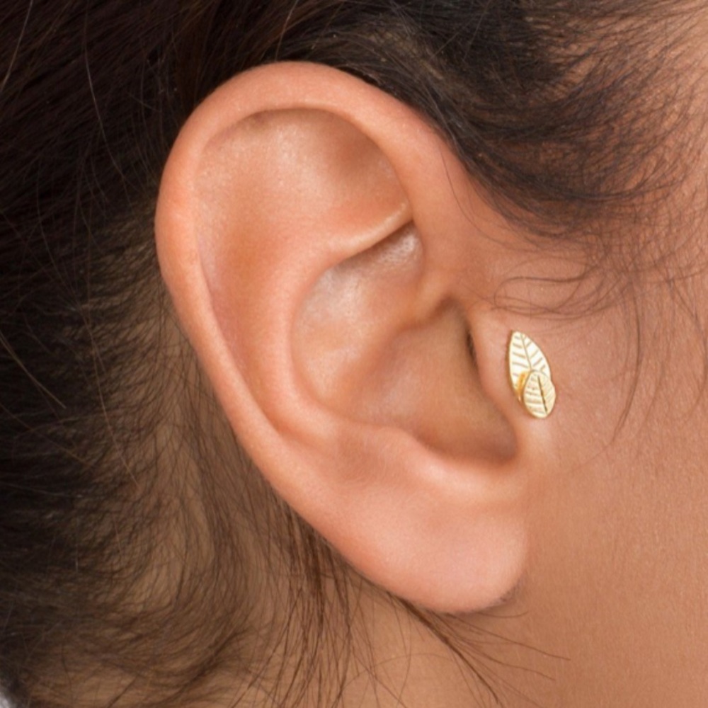 14 K Gold Two Leaves Earring 18 G Tragus or Lobe